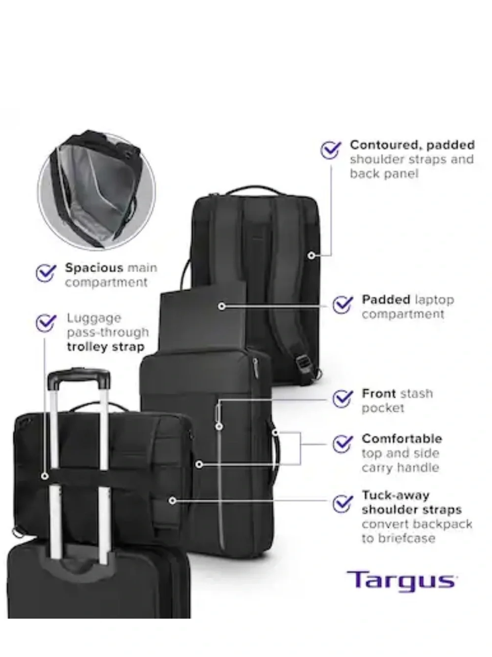 Targus Black Urban Convertible Backpack for 15.6” Laptop Travel Work School